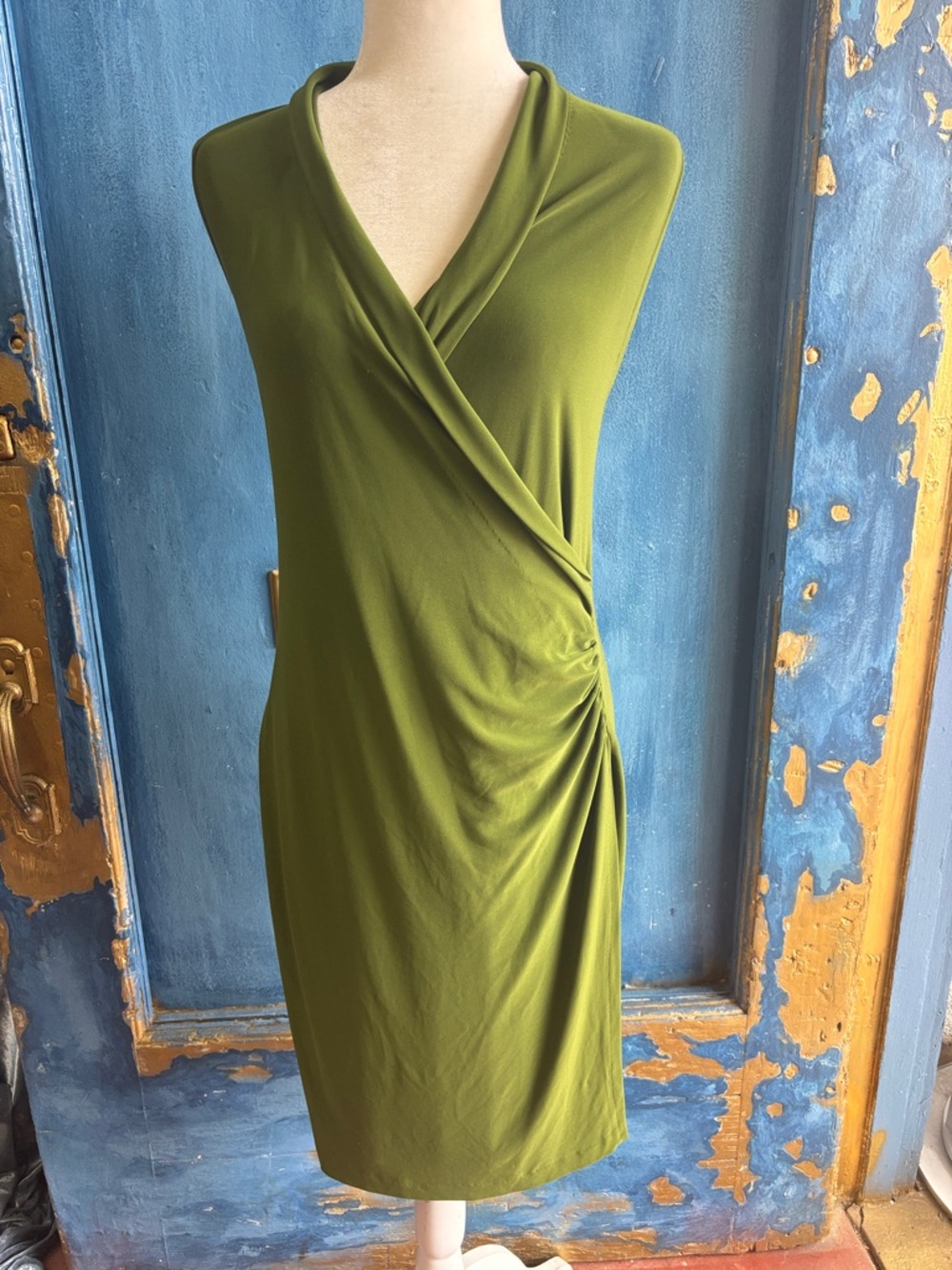 Sleeveless Olive Green Faux-Wrap Dress